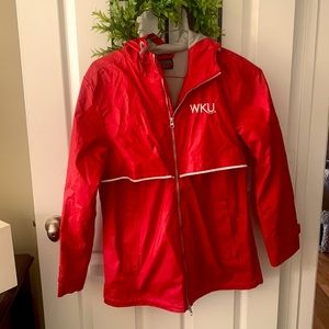 WKU RED RAINCOAT CHARLES RIVER SMALL ZIPPER CLOSURE ADJUSTABLE HOOD AND SLEEVES